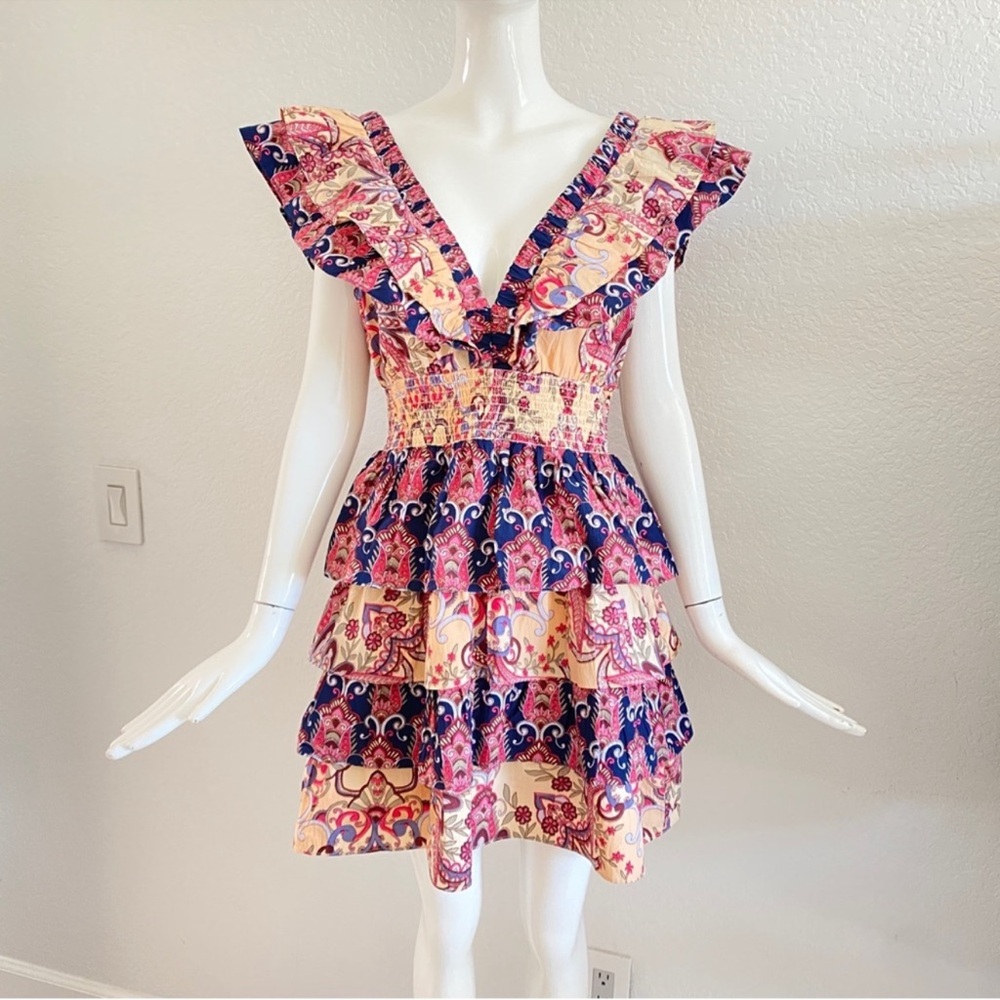 Caroline Constas Tiered Ruffle Shoulder Floral Ruffle Tiered Dress